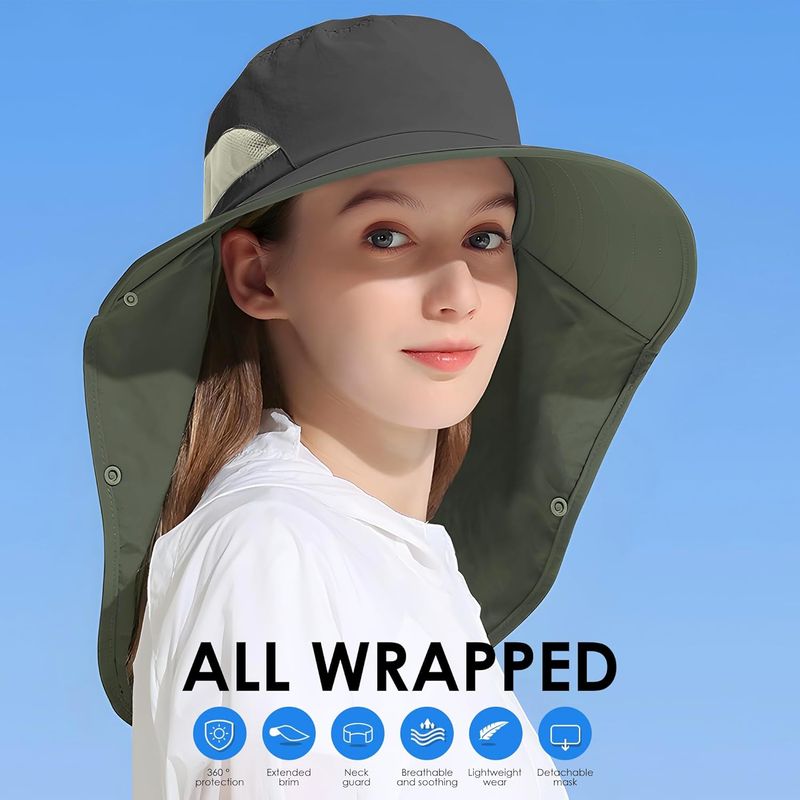 Outdoor Sun Hat Detachable Neck Face Flap UPF 50+UV Protection Visor Fishing Hats With Neck Flap For Men & Women_voghion.com