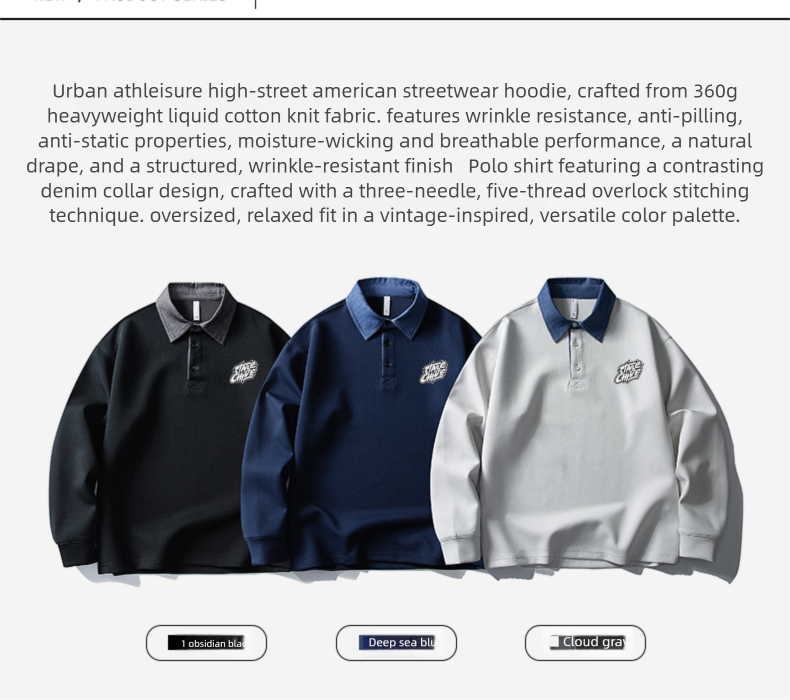 2025 Autumn New American Heavy Polo Collar Hoodie Large Men's Loose Long Sleeve Bottom Top_voghion.com