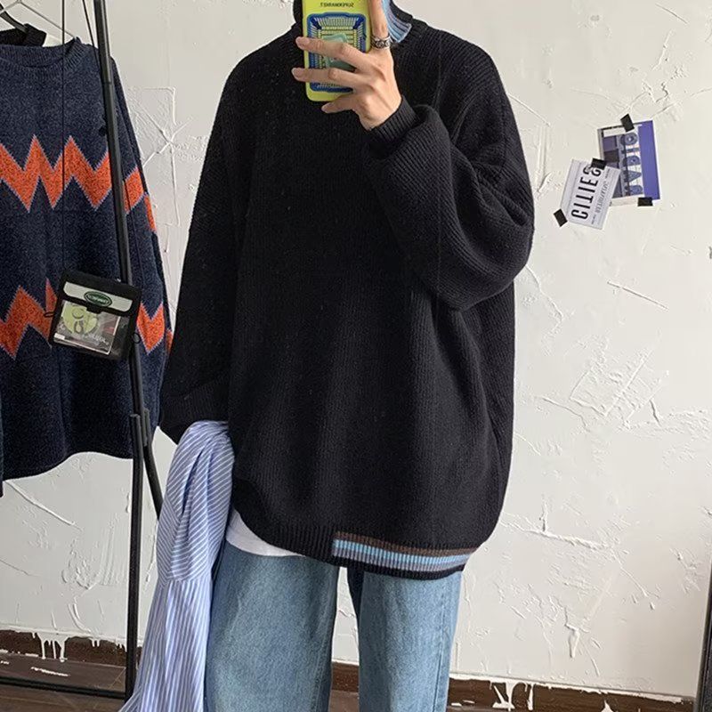Men's Clothing Fashion color turtleneck sweater autumn and winter Hong Kong style retro all match Korean style knitted sweater warm couple tops_voghion.com