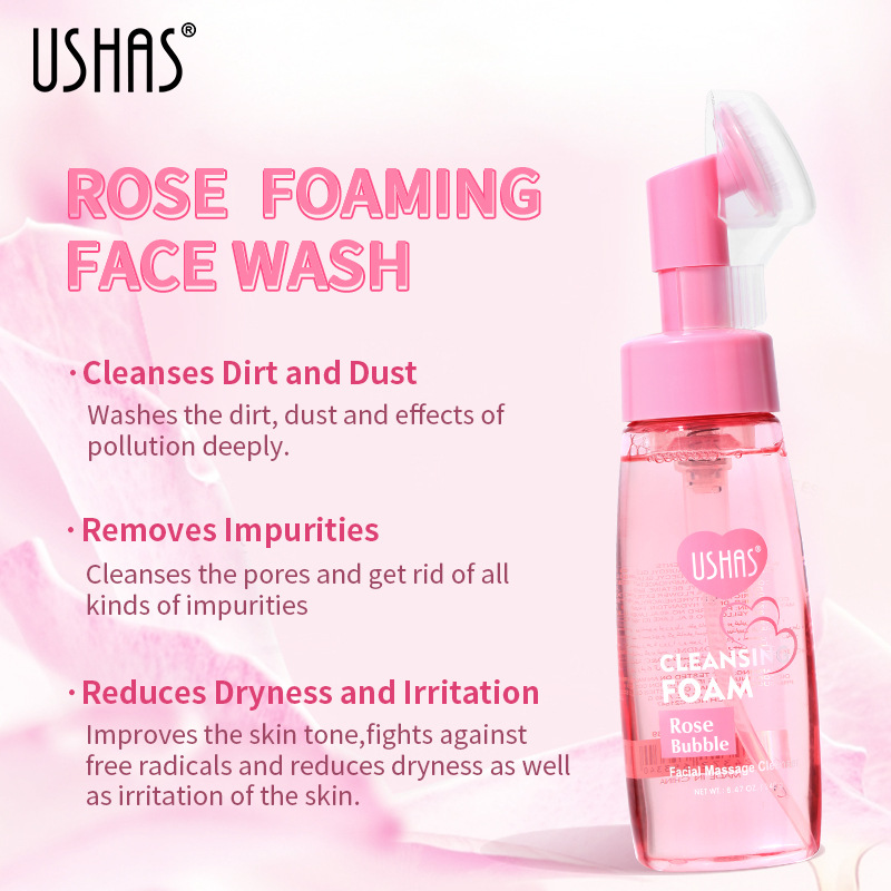 USHAS Hot Rose Schaummousse Gesichtsdéifreiniger mat Bürsch_voghion.com