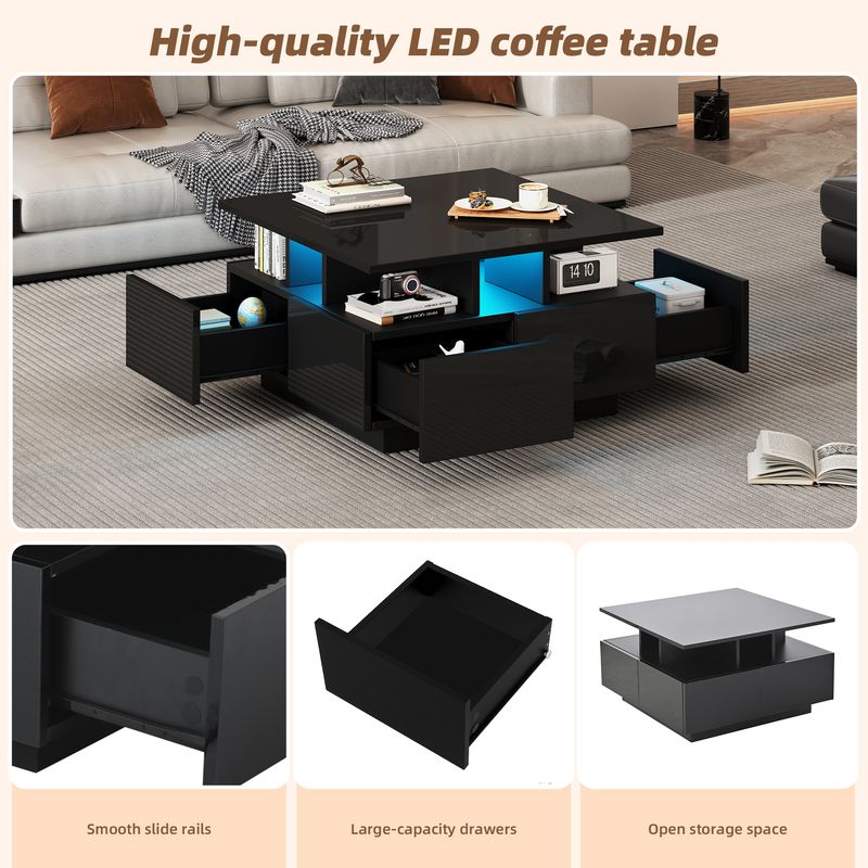 Table basse de salon noire brillante 70 x 70 x 40 cm avec éclairage LED, table d'appoint à 4 tiroirs, design géométrique, capacité de charge de 30 kg._voghion.com