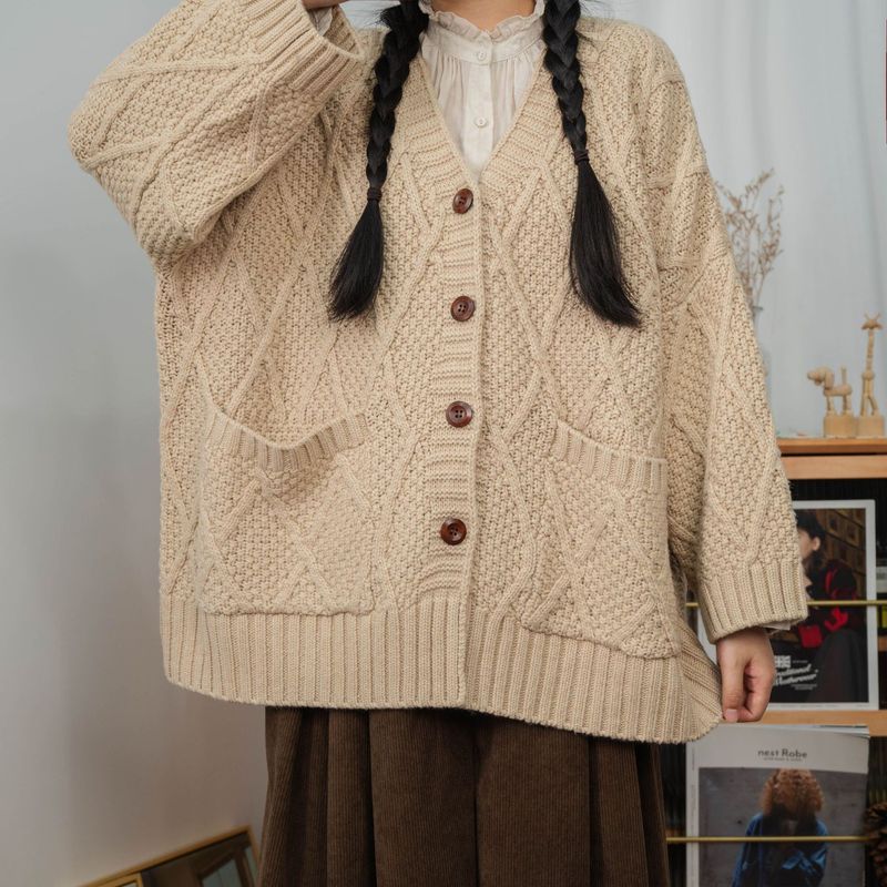 ragazza 2025 Autunno Donna Taglie Forti Cardigan Lavorato a Maglia in Cotone e Lino Maglione Natalizio di Lana di Media Lunghezza con Scollo a V e Design Traforato_voghion.com