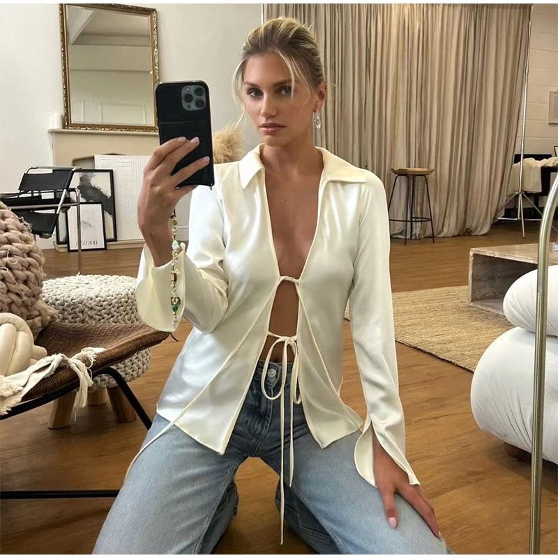 Elegante camicetta in raso con fiocco per donna – Camicia in poliestere elegante e comoda con maniche lunghe e colletto classico_voghion.com