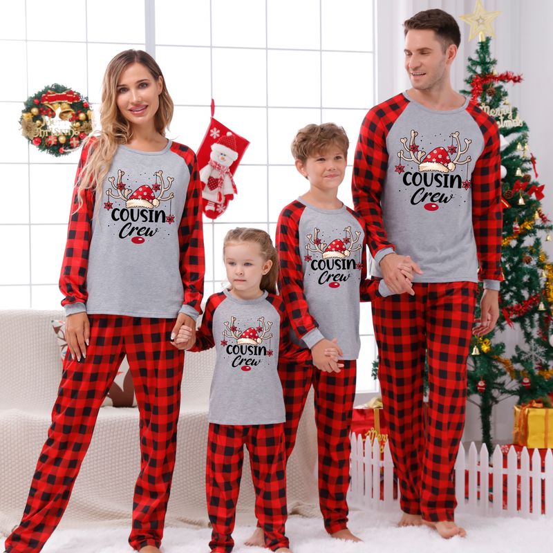 Traje familiar de Navidad, ropa familiar para el hogar, ropa navideña para el hogar, conjunto familiar, ropa para el hogar con estampado de retales a cuadros_voghion.com