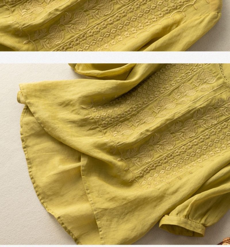 Camicetta a maniche medie da donna, con ricamo, ampia, stile letterario, vintage, in cotone e lino_voghion.com