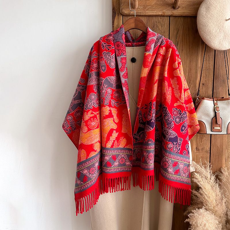 2024 Stile etnico Foglie di piante combinate con cavalli Viaggio Pendolarismo Moda esterna Sciarpa di cashmere Scialle per_voghion.com