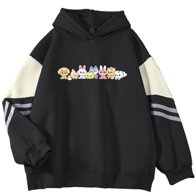 Sweatshirt im amerikanischen Farbblock-Stil für Herren, lockere Passform, süßer Nischen-Cartoon-Pullover, Oberbekleidung, cooles und hübsches Oberteil_voghion.com