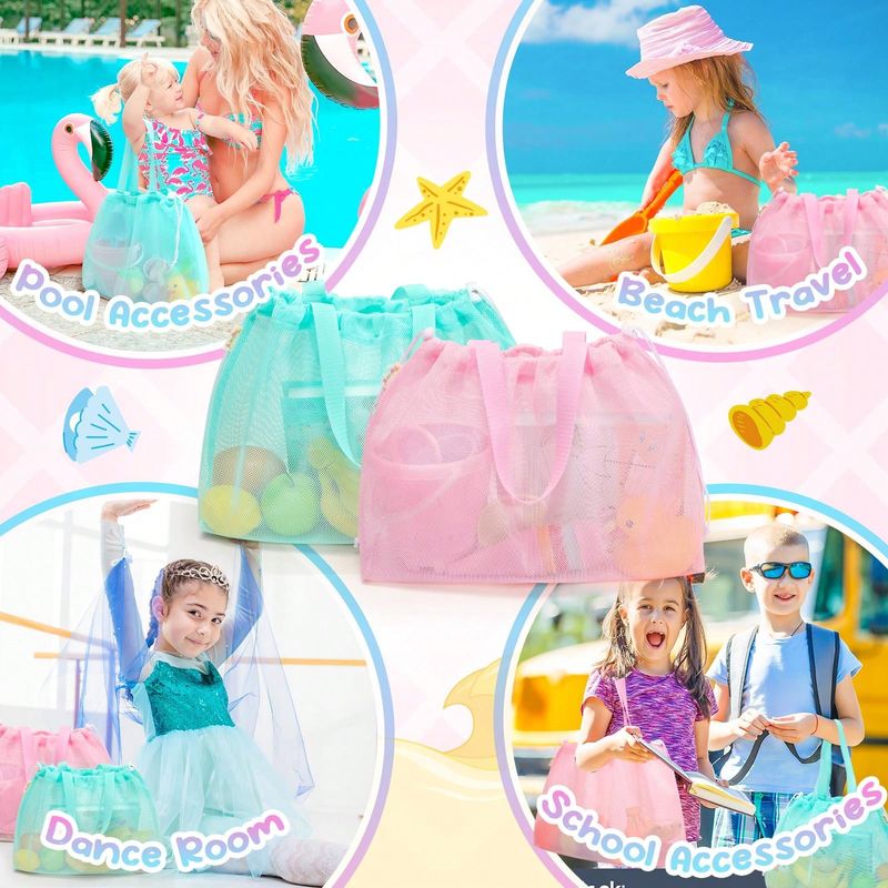 Borsa da spiaggia per bambini con coulisse e rete, 2 pezzi, essenziale per spiaggia, piscina, viaggi, campeggio, regalo di compleanno leggero e pieghevole._voghion.com