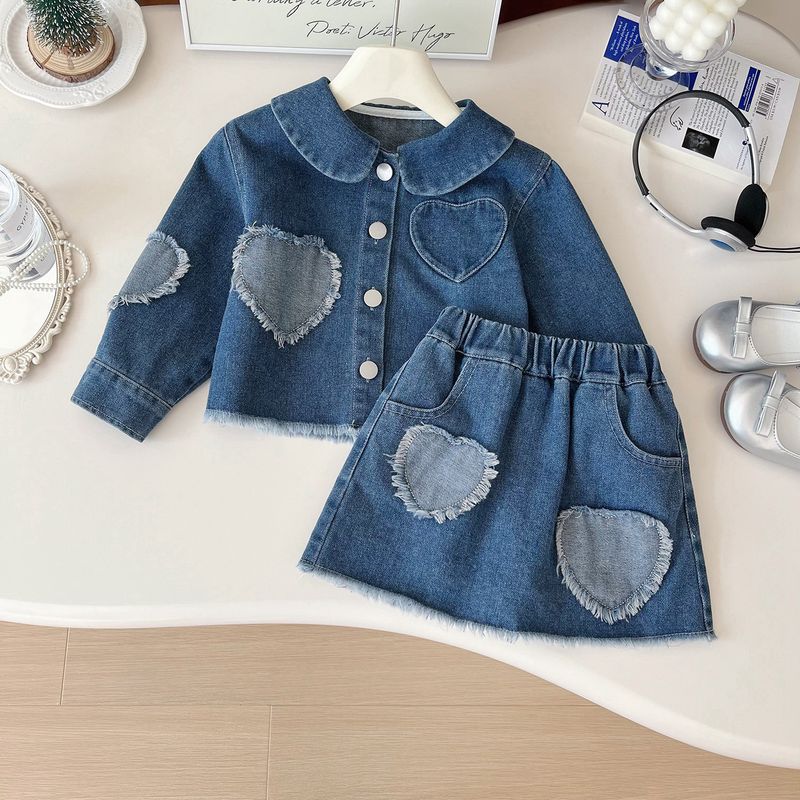 Giacca da bambina primavera e autunno, gonna in denim patchwork, gonna in denim alla moda autunnale, set due pezzi Tide_voghion.com