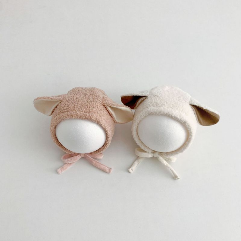 Cappello per neonati Cappello per neonati con piccole orecchie carine in peluche con lacci, cappello caldo autunnale e invernale_voghion.com