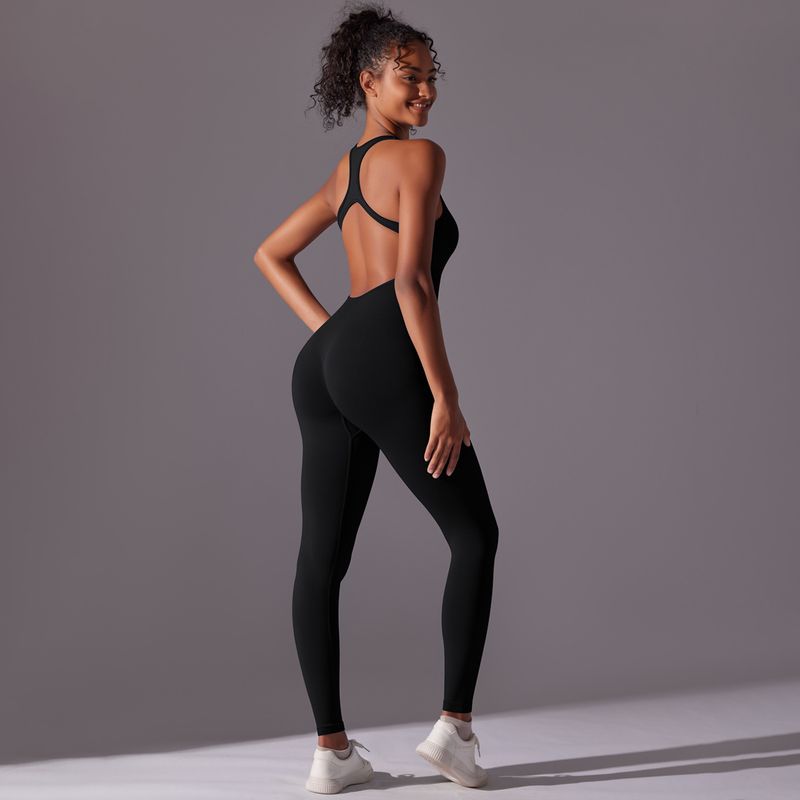 Tight solid color one-piece with hollowed out back, sexy yoga suit, seamless and breathable jumpsuit_voghion.com