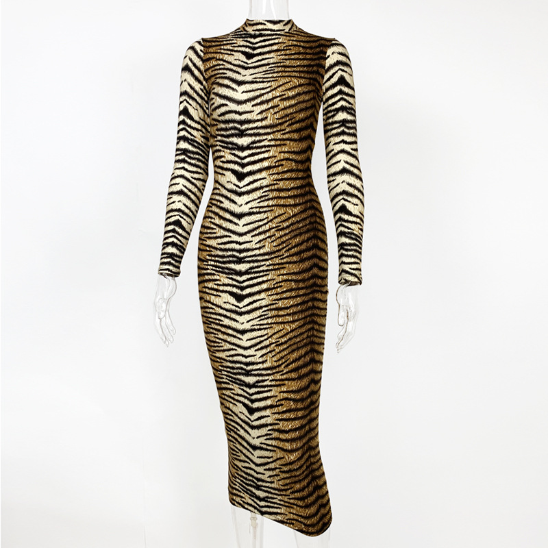 Abito slim sexy a maniche lunghe con stampa leopardata alla moda da donna_voghion.com