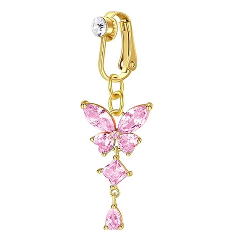 Piercing ombelico a clip con farfalla, in rame e zircone rosa, finto piercing all'ombelico, gioiello per il corpo, stile alla moda alla moda_voghion.com