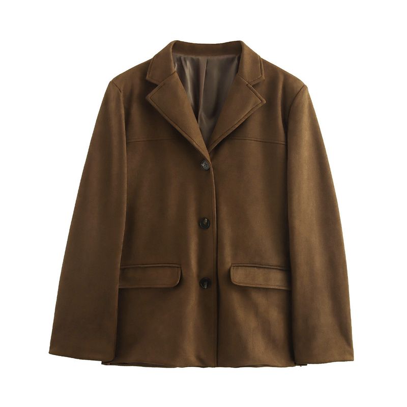 Veste blazer oversize à simple boutonnage pour femme – Manteau long à col à revers, texture daim, style décontracté automne-hiver_voghion.com
