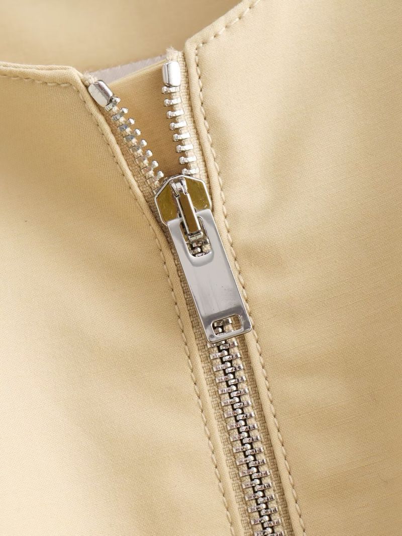 Gilet streetwear tendance à ourlet volanté - Polyester tissé léger, col rond, fermeture éclair sur le devant - Jaune, noir, gris clair, vert kaki (S/M/L/XL)_voghion.com