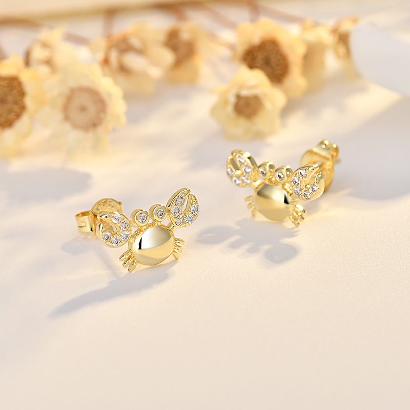 New crab earrings pure silver needles, summer ear accessories micro inlaid zircon, plated with real gold, color_voghion.com