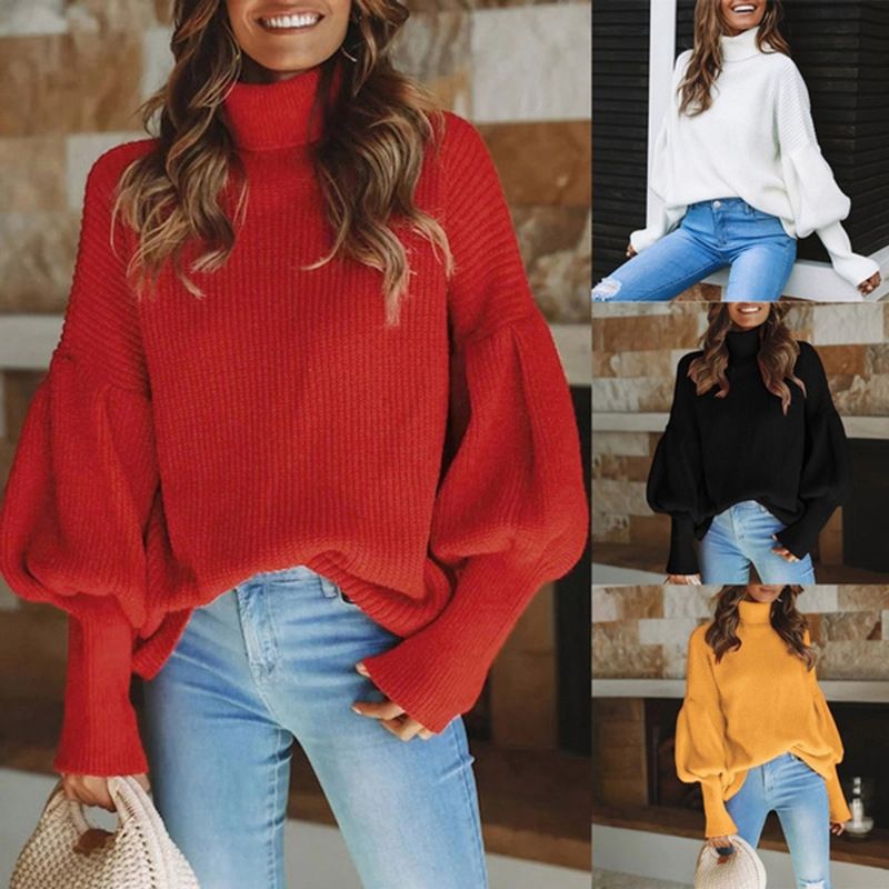 Ropa de mujer Suéter de punto de manga larga con cuello alto y color liso para mujer Ropa de mujer_voghion.com