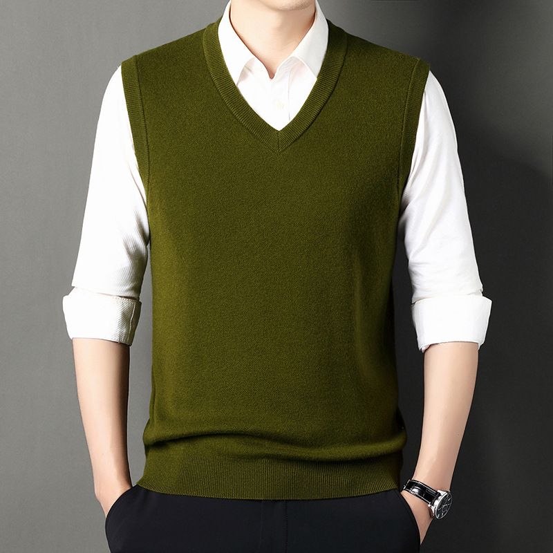 350g Pure Thickened Middle-aged Dad, Autumn And Winter Sleeveless V-neck Knitted Wool Sweater Vest For Men_voghion.com