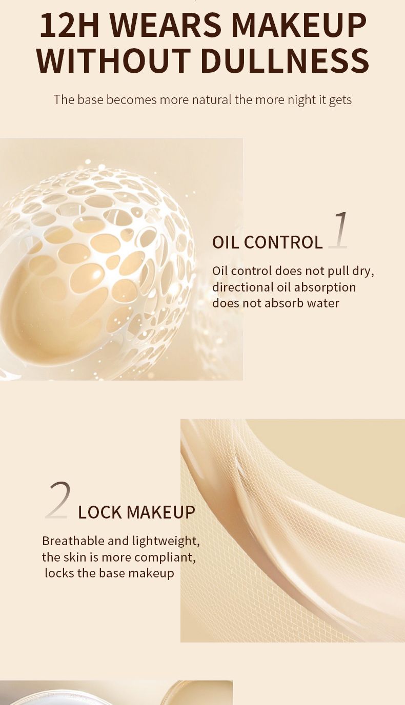 Base líquida leve e impecável para corretivo, à prova d'água, controladora de oleosidade, iluminadora e que não desbota_voghion.com