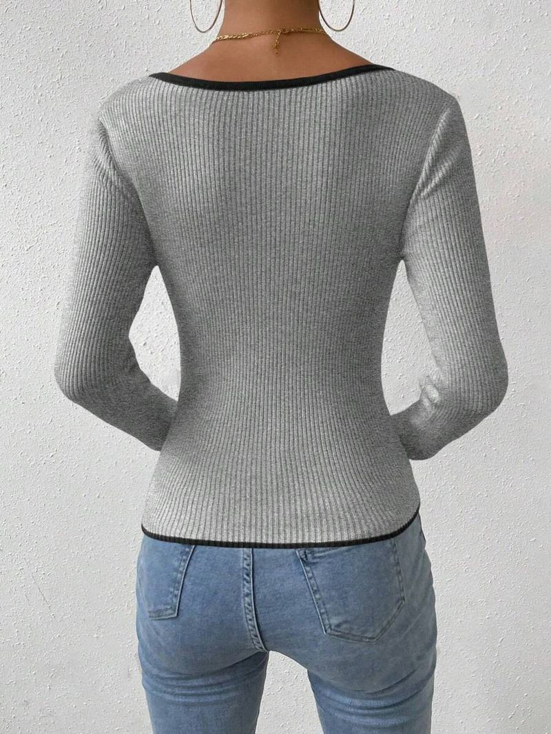 Pull tricoté à col en V pour femme, coupe ajustée, côtelé vertical, mode printemps-automne_voghion.com