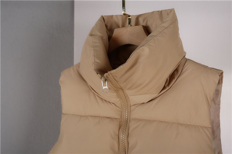Gilet matelassé sans manches pour femme, col montant court avec cordon de serrage, léger et compressible, idéal pour l'automne/hiver, style décontracté et streetwear._voghion.com