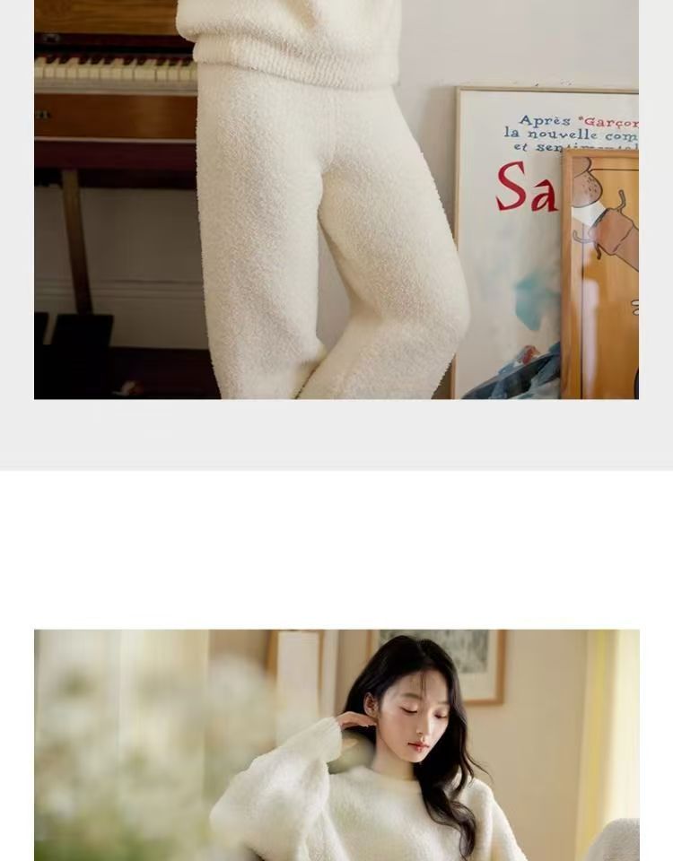 Autumn Winter Half Velvet Pajamas For Women Sleeve Long Pants Ladies Pullover Loose Fleece Warm Homewear Two-Piece Set_voghion.com