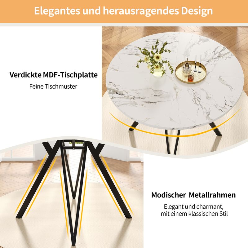 5-teiliges Esstisch-Set Mit Runder Tischplatte (Ø100 Cm), Schwarze Metallbeine, MDF-Marmoroptik, Graue Leinenstühle_voghion.com