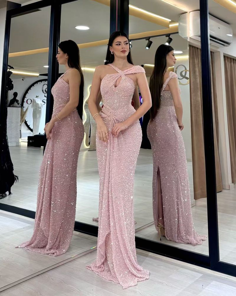 Robe sirène élégante à sequins et épaules dénudées pour femme – Robe de soirée moulante extensible avec décolleté perlé pour fêtes, rendez-vous et occasions spéciales_voghion.com