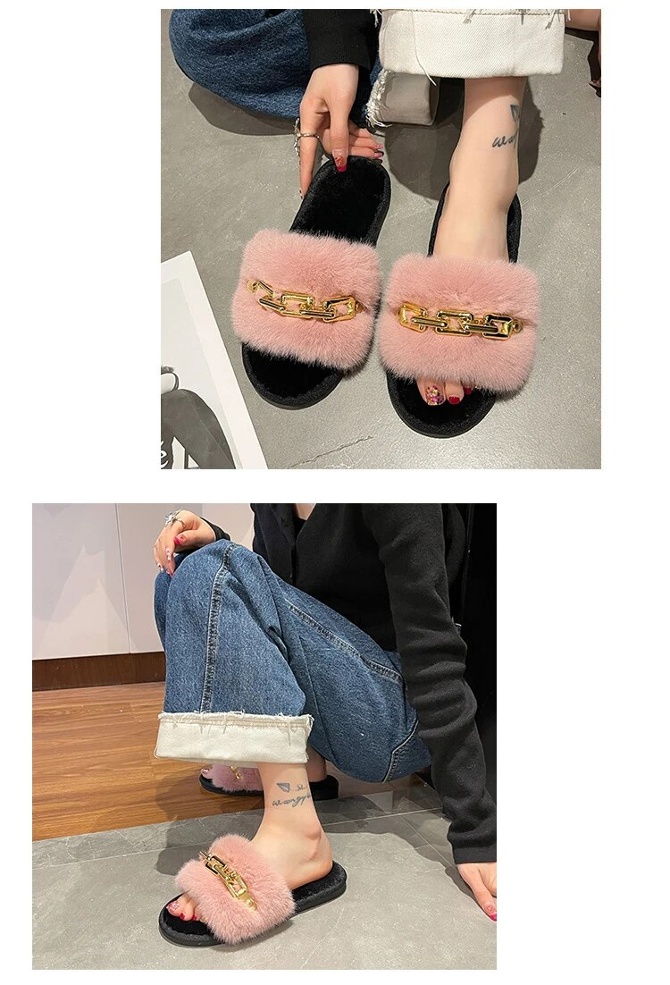 Fluffy Slippers Home Winter Casual Chain Designer Shoes Women 2024 Indoor Platform Plush Slides Girls Fashion Elegant La_voghion.com