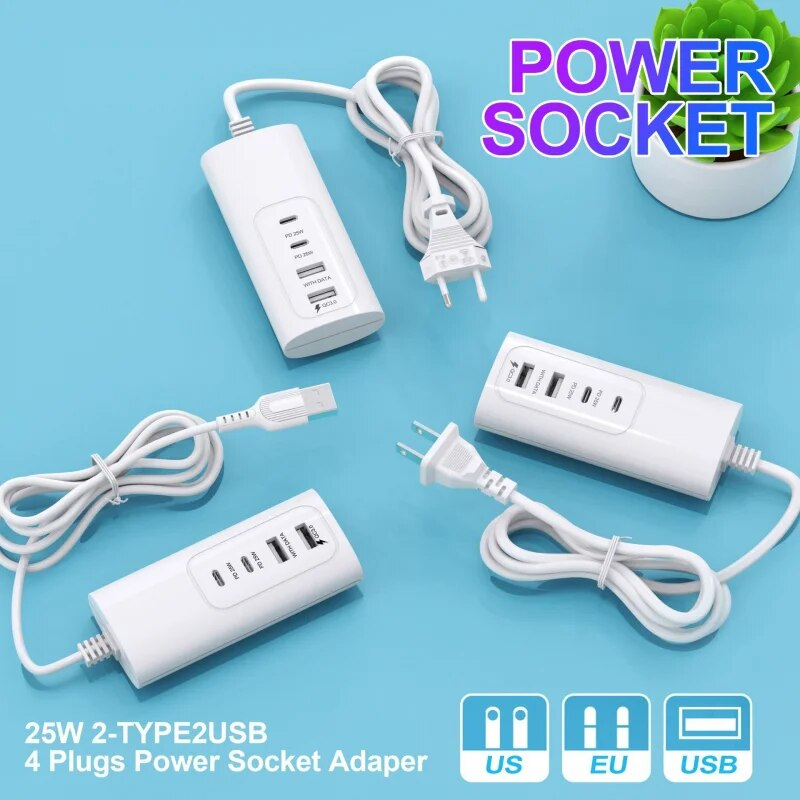 Multifunctional High Speed Multi Port USB Type C HUB EU/US Splitter Socket Expansion Desktop Laptop PD25W QC3.0 Data_voghion.com