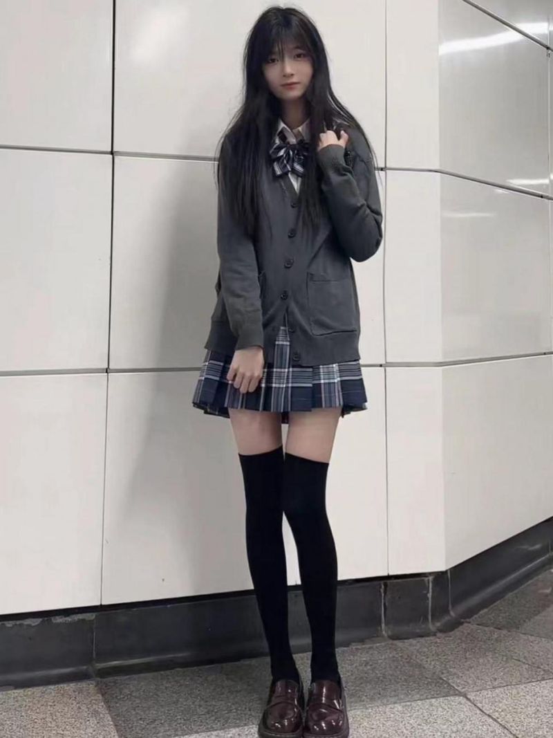 Autumn college style dark gray JK uniform jacket knitted sweater cardigan long sleeved top soft girl set_voghion.com