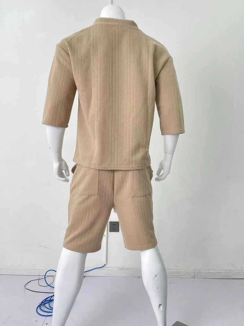 Moška oblačila za prosti čas, ohlapni tričetrtinski rokavi, žakard pleten pulover, zgornji del, kratke hlače, moška obleka_voghion.com