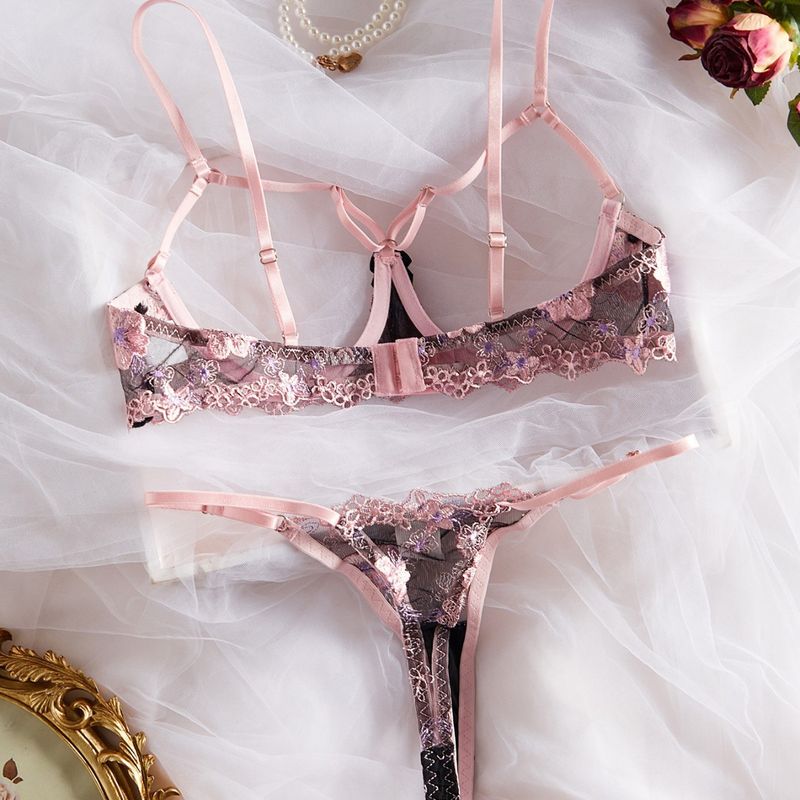 Embroidered Hollow Sexy Lingerie Set Open Crotch Pure Desire Style Girl Three-Point High-End Bra_voghion.com