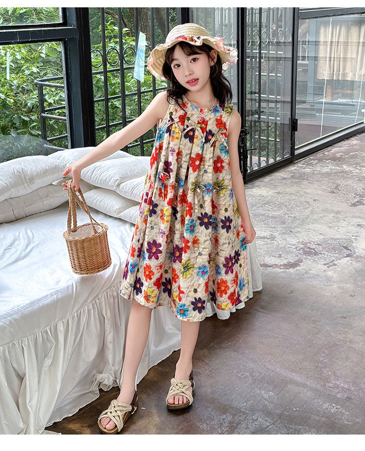 Sommergeschenk Strohhut Kleid für Mädchen 2024 neue koreanische Version mittelgroße Kinder Blumenweste dünner Rock_voghion.com