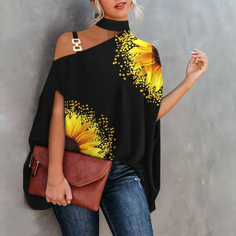 Beauty digital print sexy oblique collar loose top_voghion.com