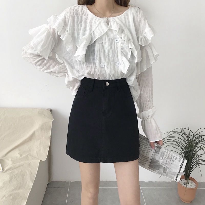 INS Black Half 2024 New Spring/Summer Korean Version Versatile High Waist A-line Wrapped Hip Denim Short Skirt for Women_voghion.com