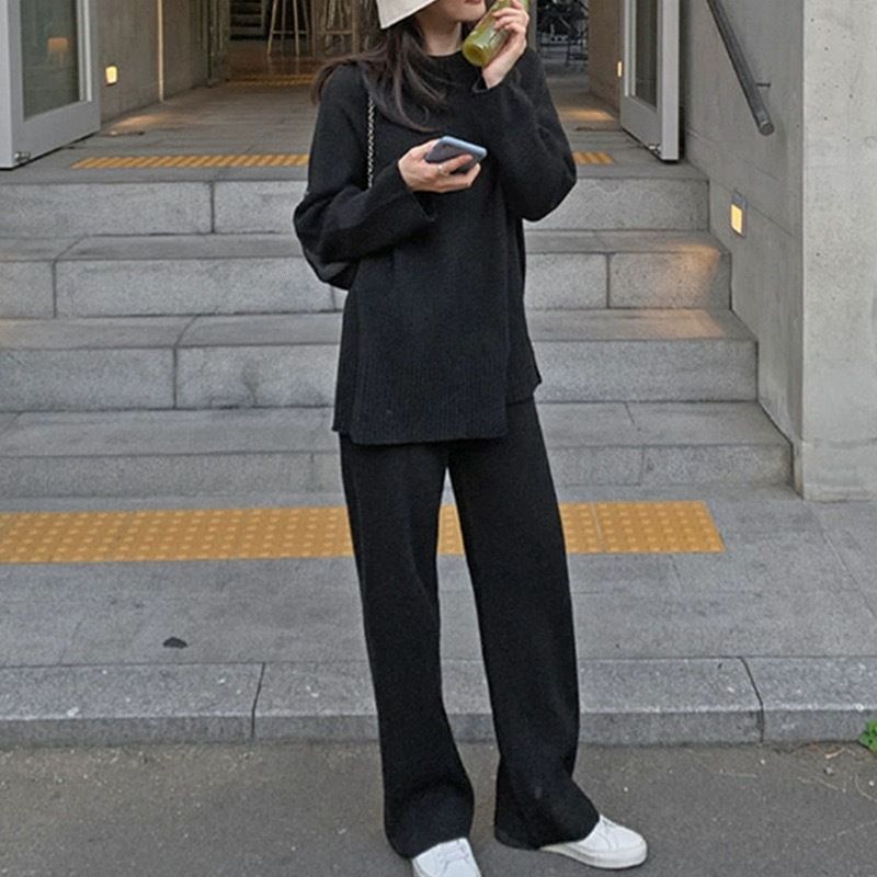 Korean Solid Color Knitted 2024 Autumn Winter New Split Sweater Straight Tube Loose Wide Leg Pants Two Piece Set for_voghion.com