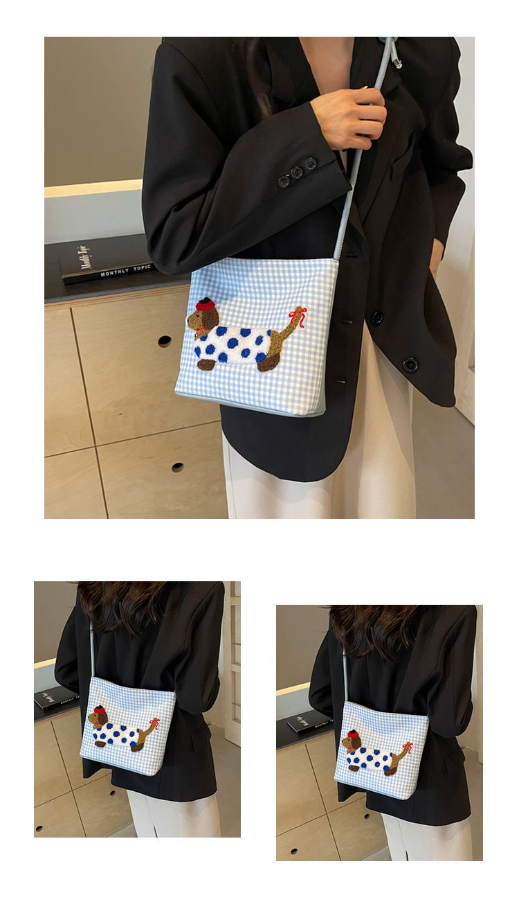 Niedlicher Welpe Canvas Eimer modische und vielseitige karierte Umhängetasche, koreanische Nischen-Cartoon-Handtasche_voghion.com