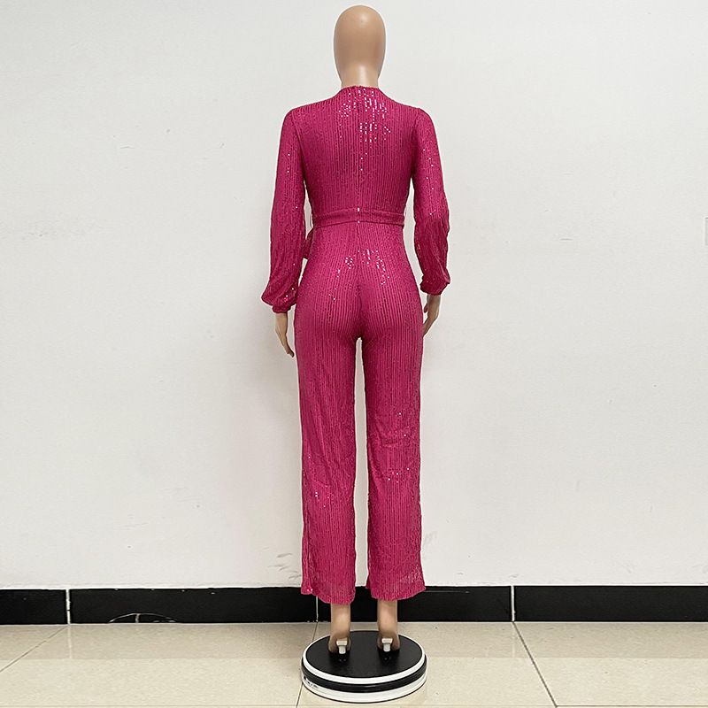 Damkläder Ins Style Deep V Mode Casual Jumpsuit Långärmat Bälte Paljett Jumpsuit Dam_voghion.com