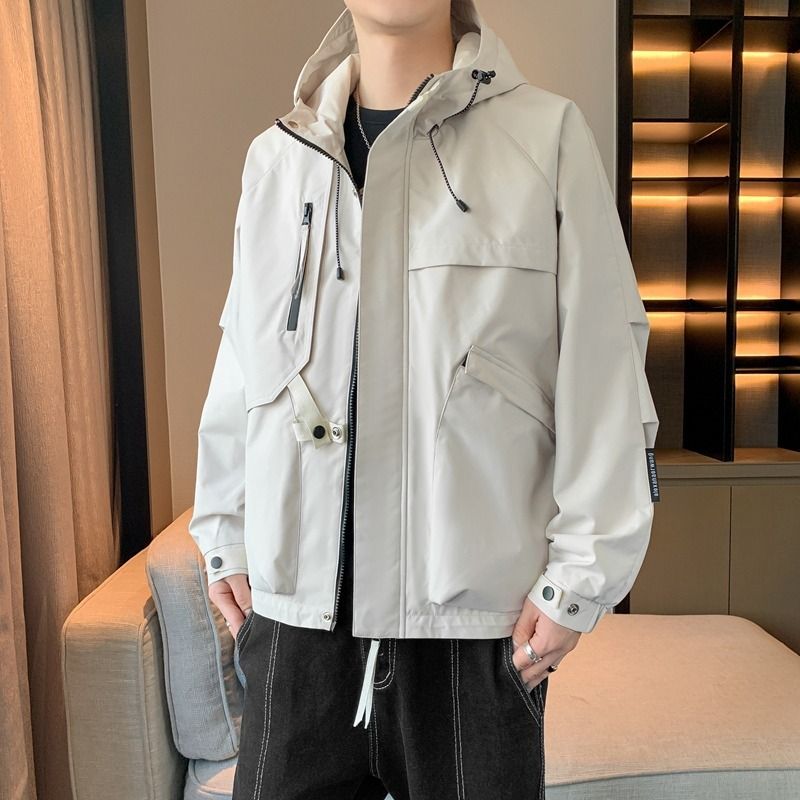 Giacca da lavoro con cappuccio, giacca casual ampia da uomo, giacca mimetica con colletto rialzato e tasche grandi_voghion.com