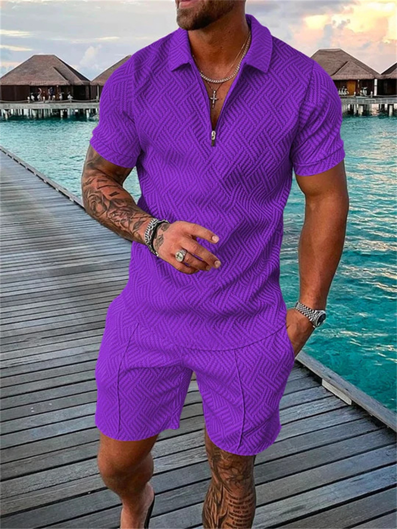 Polo casual da uomo con colletto a cerniera e maniche corte, nuovo modello 2025, a blocchi di colore_voghion.com