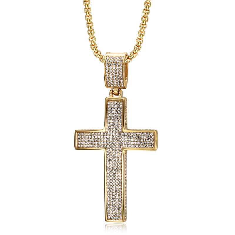 Hip Hop Cross Pendant Necklace -Plated Titanium Steel, Prong-Set Cubic Zirconia_voghion.com