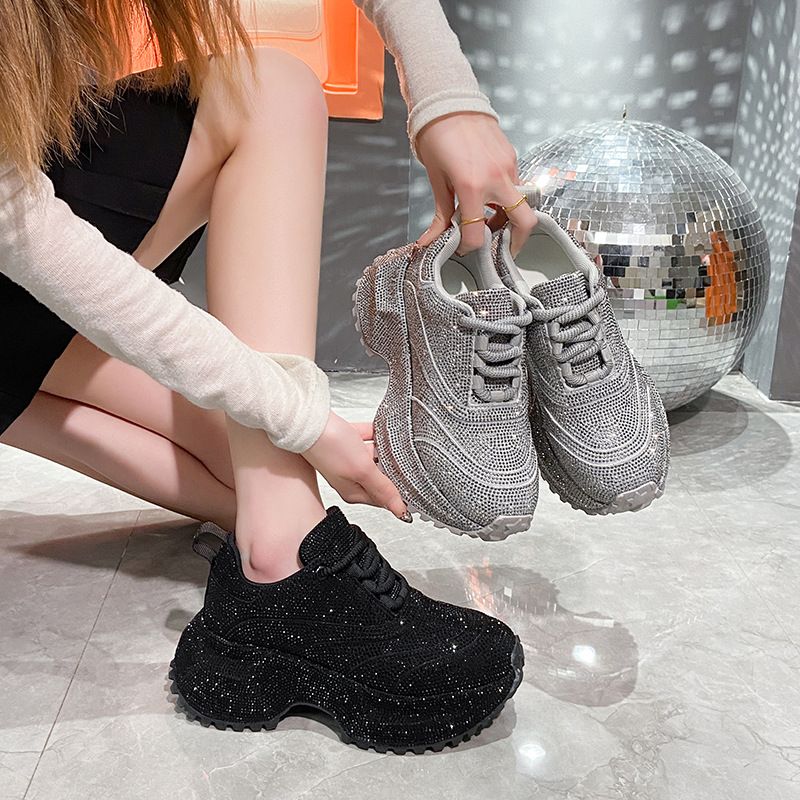Modische Damen-Sneaker mit Strasssteinen – klobige Plateauschuhe für mehr Körpergröße, atmungsaktives Obermaterial aus PU, lässige und trendige Low-Top-Schnürschuhe_voghion.com