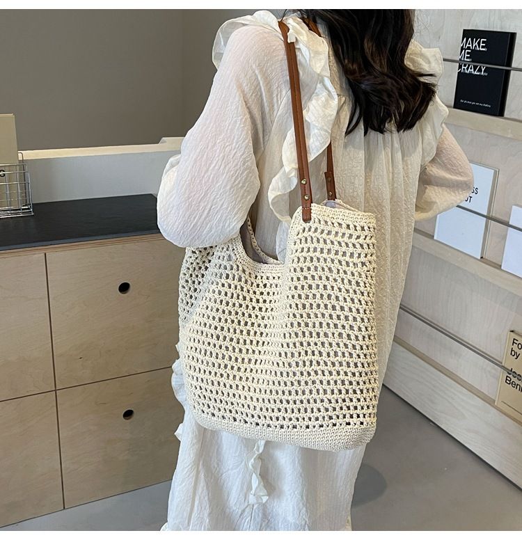 Borsa di paglia Borsa intrecciata Borsa intrecciata pigra Borsa intrecciata ad alta capacità Borsa a tracolla cava lavorata a maglia da donna Borsa da spiaggia per il tempo libero_voghion.com