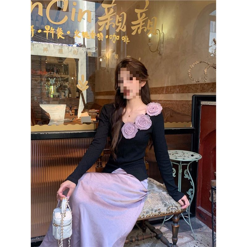 Nuovo elegante abito da donna alla moda con fiori di rosa, a vita alta, a mezza lunghezza, in maglia tridimensionale, autunno_voghion.com