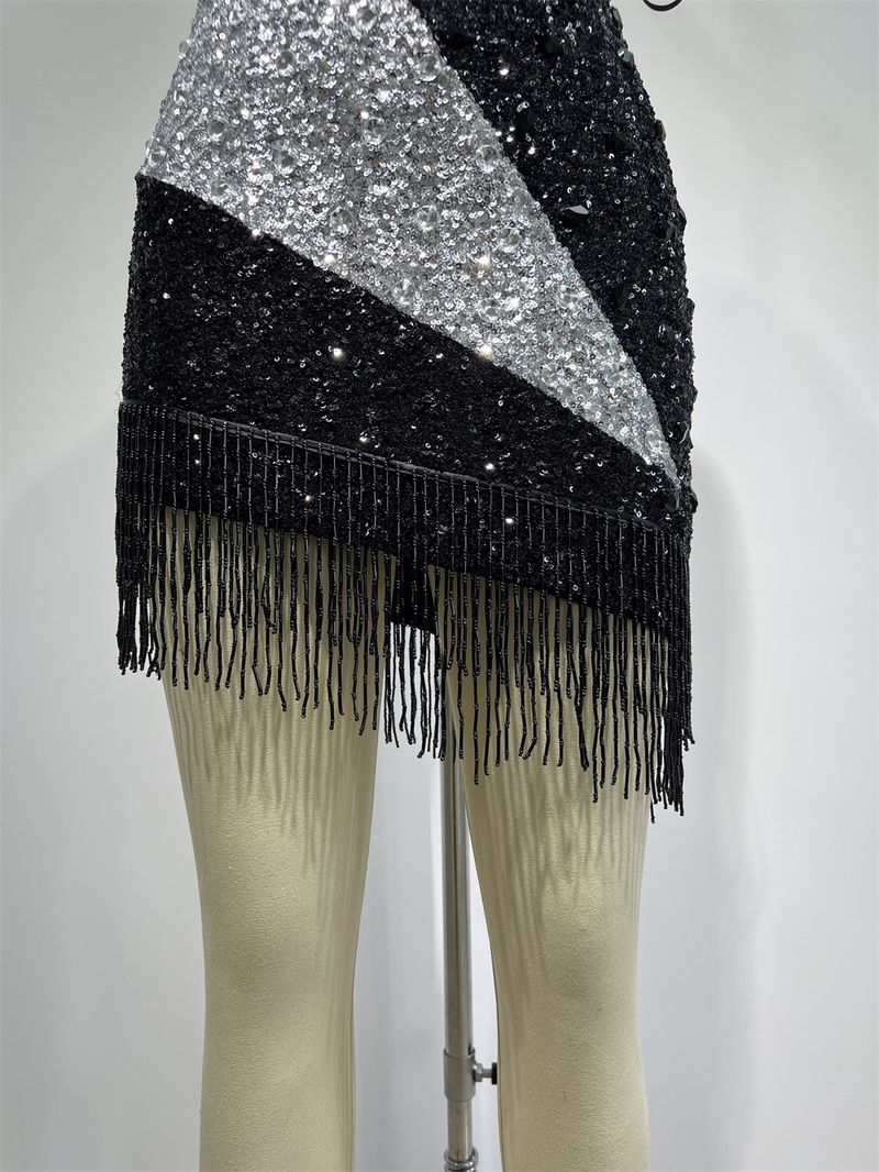 Robe de soirée moulante élégante à épaules dénudées et franges en sequins pour femme - Robe de soirée glamour et ajustée à taille haute_voghion.com