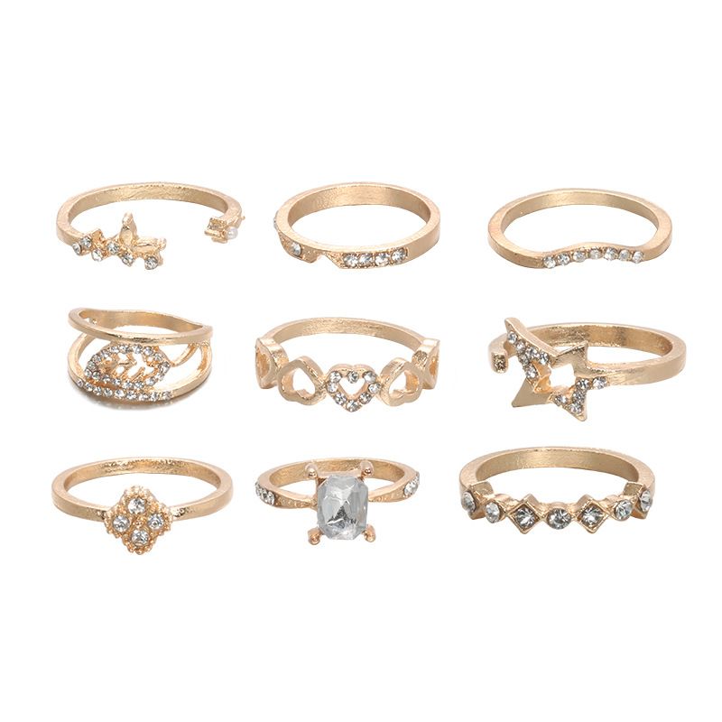 Trendy, fashionable, personalized, caring, with hollowed out carved leaves, stars, and diamond rings, set of 9 pieces_voghion.com