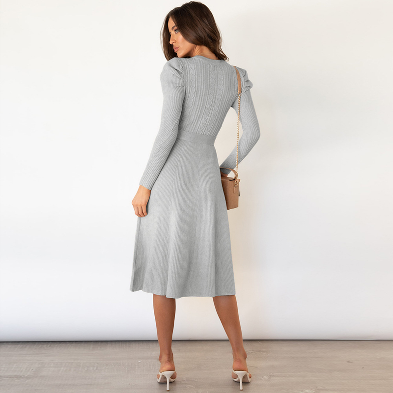 Einfarbiges, lässiges Swing-Kleid für Damen mit hoher Taille_voghion.com
