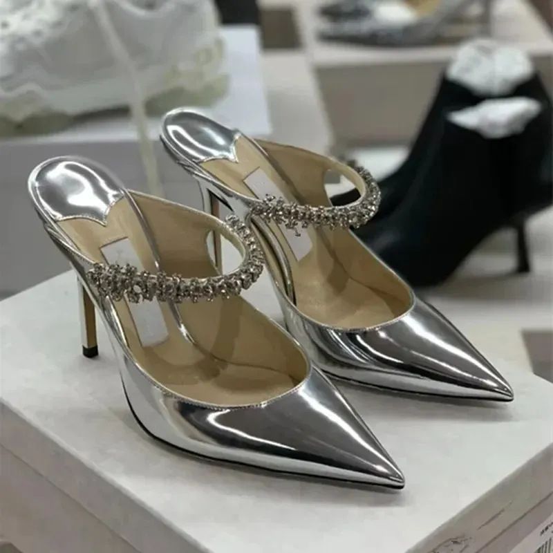 Pantoletten mit Strasssteinen und spitzer Spitze für Damen, flache Outdoor-Pantoletten, High Heels mit offener Rückseite_voghion.com