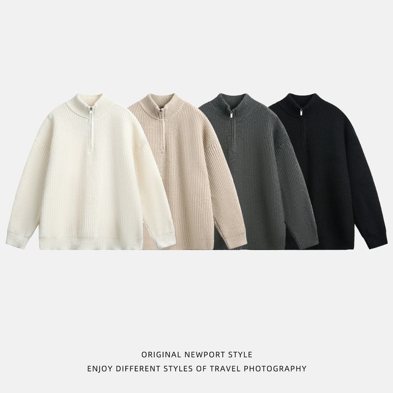Solid Color Vertical Stripe Texture Stand-up Neck Sweater Men's Autumn And Winter Semi-zipper Knitted Sweater Lazy Loose Trendy Coat_voghion.com